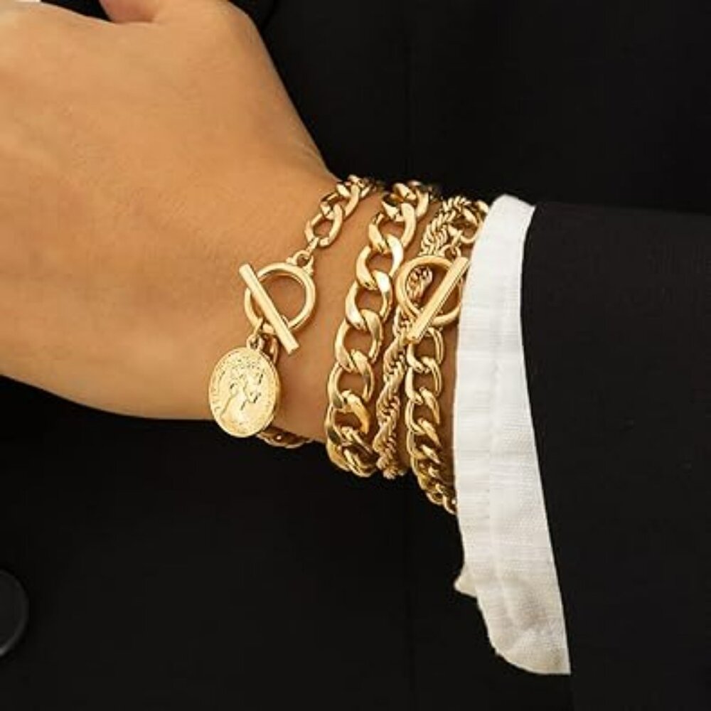 4 pc Boho Gold Chain Stackable Bracelets‎ Set Adjustable Punk Bracelet Chunky